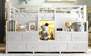 English Elm Full Low Loft Bed with Storage Stairs Fabric Drawers Built-in Lights White Frame W5305S00145