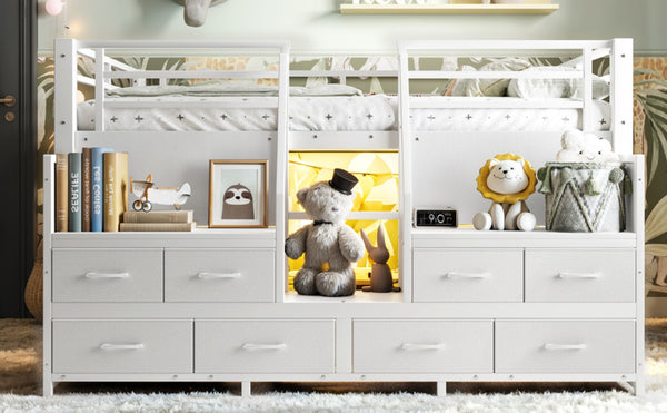 English Elm Full Low Loft Bed with Storage Stairs Fabric Drawers Built-in Lights White Frame W5305S00145