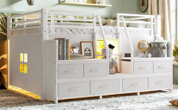 English Elm Full Low Loft Bed with Storage Stairs Fabric Drawers Built-in Lights White Frame W5305S00145