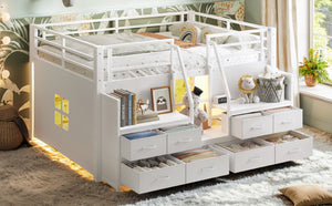 English Elm Full Low Loft Bed with Storage Stairs Fabric Drawers Built-in Lights White Frame W5305S00145