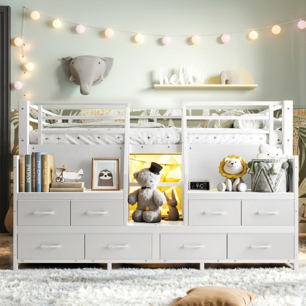 English Elm Full Low Loft Bed with Storage Stairs Fabric Drawers Built-in Lights White Frame W5305S00145