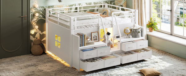 English Elm Full Low Loft Bed with Storage Stairs Fabric Drawers Built-in Lights White Frame W5305S00145