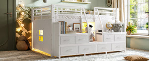 English Elm Full Low Loft Bed with Storage Stairs Fabric Drawers Built-in Lights White Frame W5305S00145