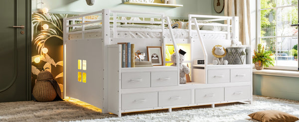 English Elm Full Low Loft Bed with Storage Stairs Fabric Drawers Built-in Lights White Frame W5305S00145
