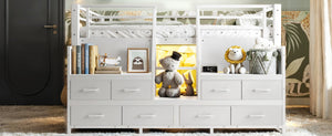English Elm Full Low Loft Bed with Storage Stairs Fabric Drawers Built-in Lights White Frame W5305S00145