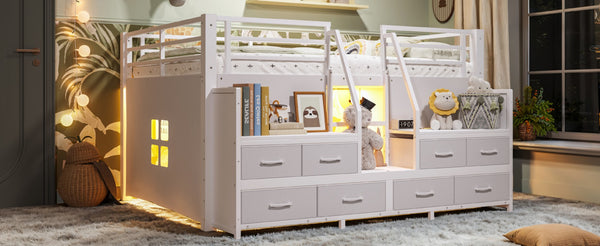 English Elm Full Low Loft Bed with Storage Stairs Fabric Drawers Built-in Lights White Frame W5305S00145