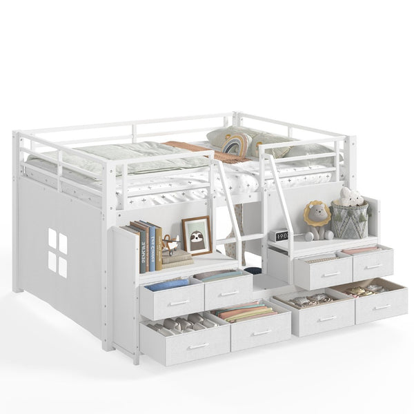 English Elm Full Low Loft Bed with Storage Stairs Fabric Drawers Built-in Lights White Frame W5305S00145