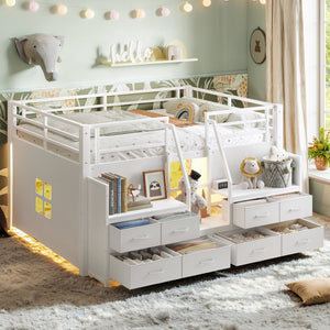 English Elm Full Low Loft Bed with Storage Stairs Fabric Drawers Built-in Lights White Frame W5305S00145
