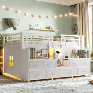 English Elm Full Low Loft Bed with Storage Stairs Fabric Drawers Built-in Lights White Frame W5305S00145
