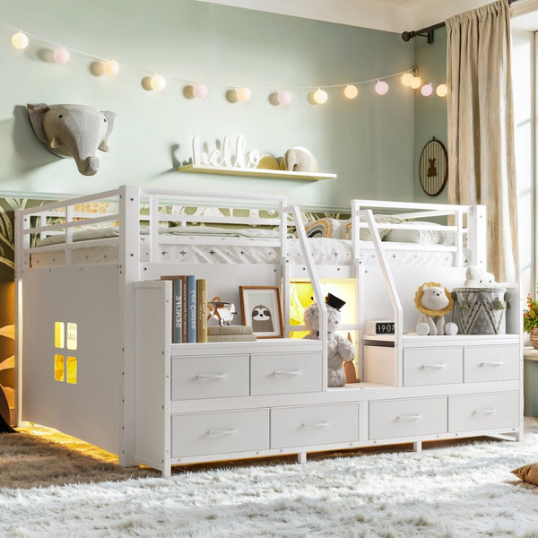 English Elm Full Low Loft Bed with Storage Stairs Fabric Drawers Built-in Lights White Frame W5305S00145
