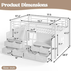 English Elm Full Low Loft Bed with Storage Stairs Fabric Drawers Built-in Lights White Frame W5305S00145