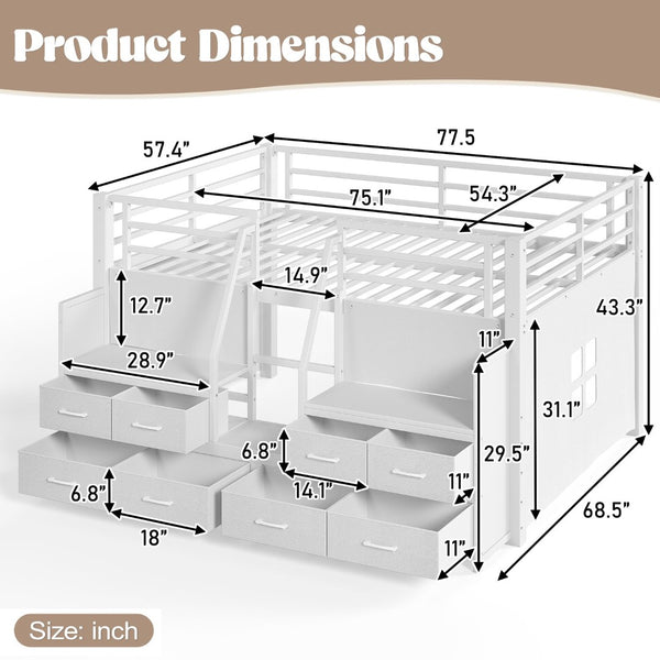 English Elm Full Low Loft Bed with Storage Stairs Fabric Drawers Built-in Lights White Frame W5305S00145