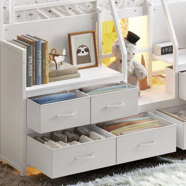 English Elm Full Low Loft Bed with Storage Stairs Fabric Drawers Built-in Lights White Frame W5305S00145