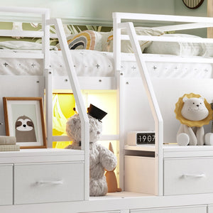 English Elm Full Low Loft Bed with Storage Stairs Fabric Drawers Built-in Lights White Frame W5305S00145