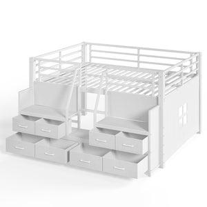 English Elm Full Low Loft Bed with Storage Stairs Fabric Drawers Built-in Lights White Frame W5305S00145