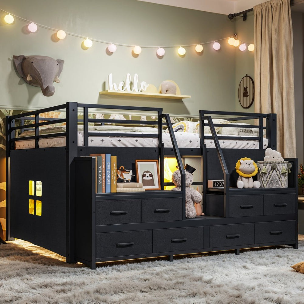 English Elm Full Low Loft Bed Matte Black Metal Frame with LED Lighting Storage Stairs Drawers W5305S00146