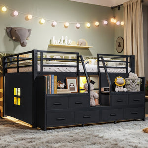 English Elm Full Low Loft Bed Matte Black Metal Frame with LED Lighting Storage Stairs Drawers W5305S00146