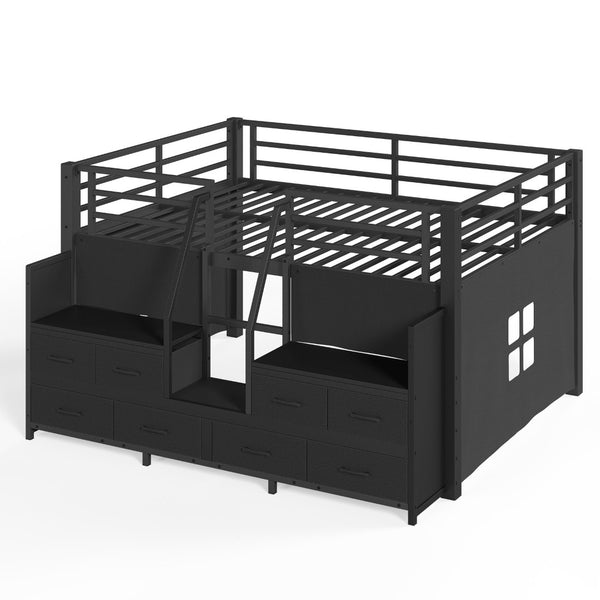 English Elm Full Low Loft Bed Matte Black Metal Frame with LED Lighting Storage Stairs Drawers W5305S00146