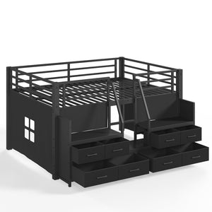English Elm Full Low Loft Bed Matte Black Metal Frame with LED Lighting Storage Stairs Drawers W5305S00146
