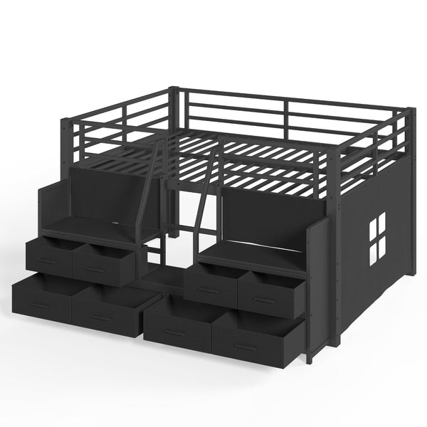 English Elm Full Low Loft Bed Matte Black Metal Frame with LED Lighting Storage Stairs Drawers W5305S00146
