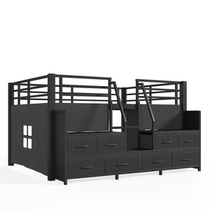 English Elm Full Low Loft Bed Matte Black Metal Frame with LED Lighting Storage Stairs Drawers W5305S00146