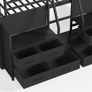 English Elm Full Low Loft Bed Matte Black Metal Frame with LED Lighting Storage Stairs Drawers W5305S00146