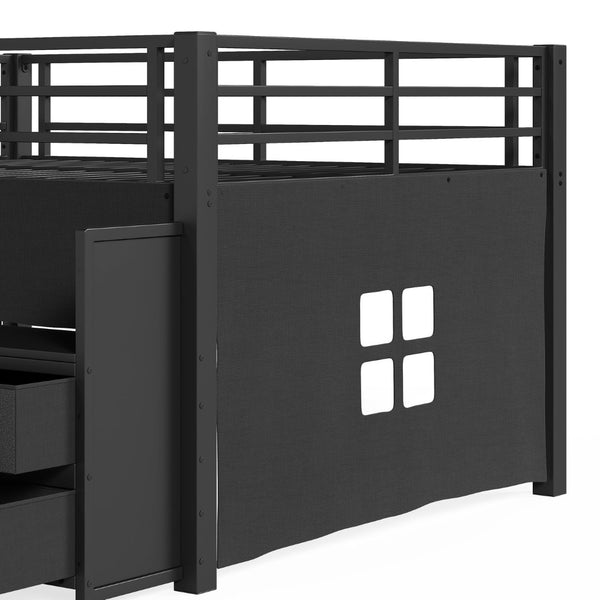 English Elm Full Low Loft Bed Matte Black Metal Frame with LED Lighting Storage Stairs Drawers W5305S00146