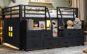 English Elm Full Low Loft Bed Matte Black Metal Frame with LED Lighting Storage Stairs Drawers W5305S00146