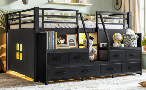 English Elm Full Low Loft Bed Matte Black Metal Frame with LED Lighting Storage Stairs Drawers W5305S00146