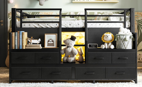 English Elm Full Low Loft Bed Matte Black Metal Frame with LED Lighting Storage Stairs Drawers W5305S00146