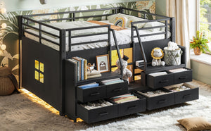 English Elm Full Low Loft Bed Matte Black Metal Frame with LED Lighting Storage Stairs Drawers W5305S00146