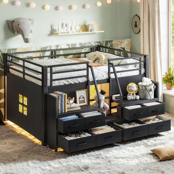 English Elm Full Low Loft Bed Matte Black Metal Frame with LED Lighting Storage Stairs Drawers W5305S00146