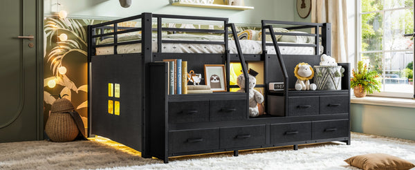 English Elm Full Low Loft Bed Matte Black Metal Frame with LED Lighting Storage Stairs Drawers W5305S00146