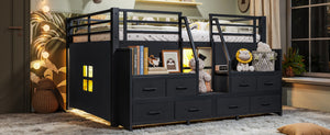 English Elm Full Low Loft Bed Matte Black Metal Frame with LED Lighting Storage Stairs Drawers W5305S00146
