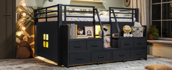 English Elm Full Low Loft Bed Matte Black Metal Frame with LED Lighting Storage Stairs Drawers W5305S00146