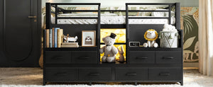 English Elm Full Low Loft Bed Matte Black Metal Frame with LED Lighting Storage Stairs Drawers W5305S00146