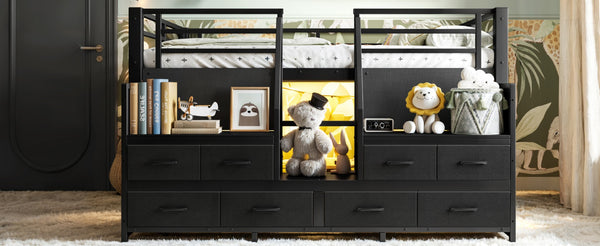 English Elm Full Low Loft Bed Matte Black Metal Frame with LED Lighting Storage Stairs Drawers W5305S00146