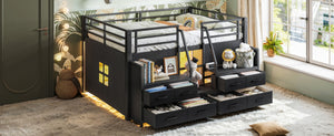 English Elm Full Low Loft Bed Matte Black Metal Frame with LED Lighting Storage Stairs Drawers W5305S00146