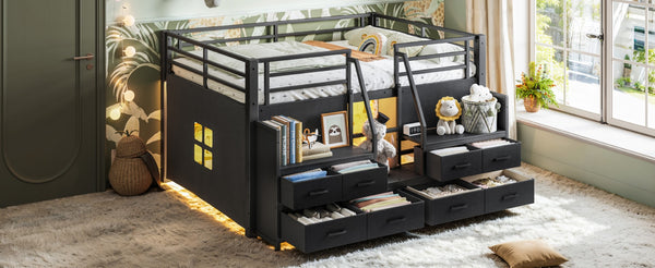 English Elm Full Low Loft Bed Matte Black Metal Frame with LED Lighting Storage Stairs Drawers W5305S00146