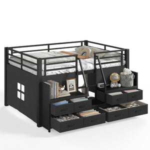 English Elm Full Low Loft Bed Matte Black Metal Frame with LED Lighting Storage Stairs Drawers W5305S00146