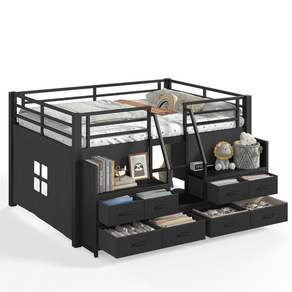 English Elm Full Low Loft Bed Matte Black Metal Frame with LED Lighting Storage Stairs Drawers W5305S00146