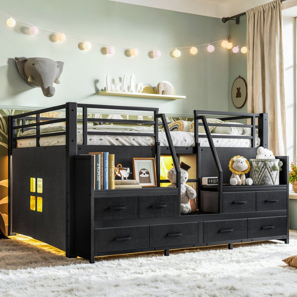 English Elm Full Low Loft Bed Matte Black Metal Frame with LED Lighting Storage Stairs Drawers W5305S00146