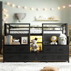English Elm Full Low Loft Bed Matte Black Metal Frame with LED Lighting Storage Stairs Drawers W5305S00146