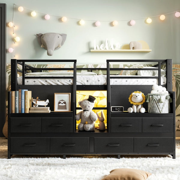 English Elm Full Low Loft Bed Matte Black Metal Frame with LED Lighting Storage Stairs Drawers W5305S00146