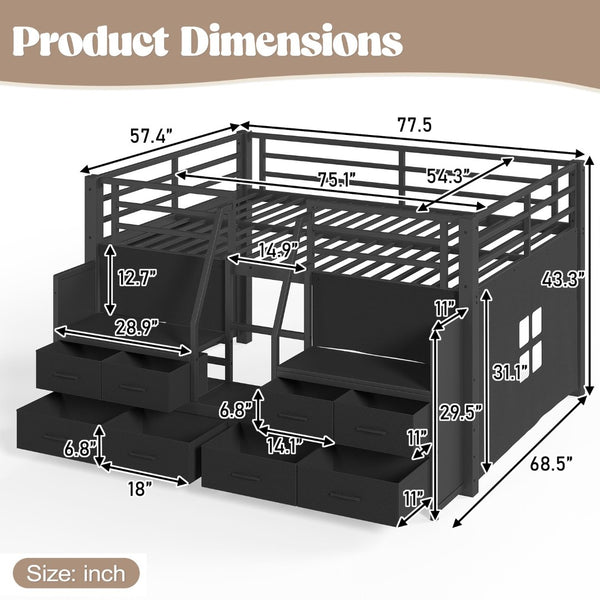 English Elm Full Low Loft Bed Matte Black Metal Frame with LED Lighting Storage Stairs Drawers W5305S00146