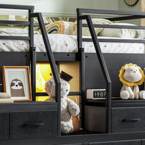 English Elm Full Low Loft Bed Matte Black Metal Frame with LED Lighting Storage Stairs Drawers W5305S00146