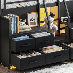 English Elm Full Low Loft Bed Matte Black Metal Frame with LED Lighting Storage Stairs Drawers W5305S00146