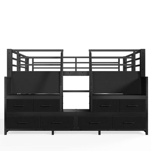 English Elm Full Low Loft Bed Matte Black Metal Frame with LED Lighting Storage Stairs Drawers W5305S00146