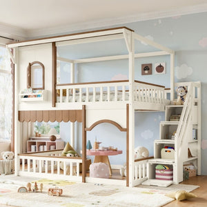 English Elm Full Over Playhouse Bunk Bed Pine Wood Frame with Storage Stairs and Built-In Bookshelf Beige & Natural W5305S00147