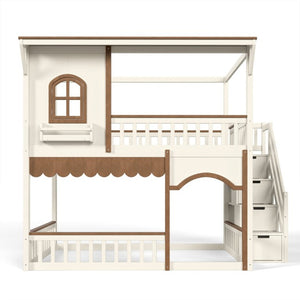 English Elm Full Over Playhouse Bunk Bed Pine Wood Frame with Storage Stairs and Built-In Bookshelf Beige & Natural W5305S00147